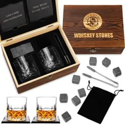 Whiskey Stones, Granite Chilling Whiskey Rocks, 2 Whiskey Glasses, 8 Granite Chilling Rocks, 2 Slate Coasters, Ice Tongs &Storage Bag.