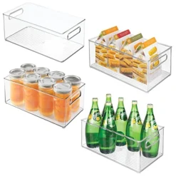 MDesign Deep Plastic Kitchen Storage Organizer Container Bin For Pantry, Cabinet, Cupboard, Shelves, Fridge, Or Freezer - Holds Dry Goods, Sauces, Condiments, Drinks, Ligne Collection, 4 Pack, Clear