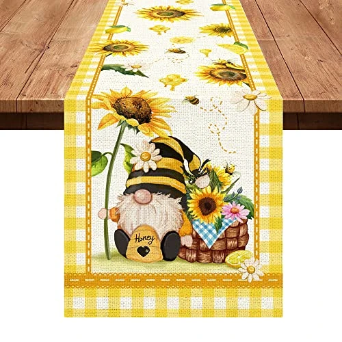 Summer Table Runner, Summer Table Runners 72 Inches Long For Kitchen, Burlap Yellow Sunflower Runner For Dining Room Tabletop Decoration, Farmhouse Honey Gnomes Home Kitchen Decor 1 Summer Table Runner, Summer Table Runners 72 Inches Long For Kitchen, Burlap Yellow Sunflower Runner For Dining Room Tabletop Decoration, Farmhouse Honey Gnomes Home Kitchen Decor