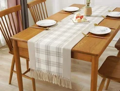 15 X 72 Inch Buffalo Checks Linen Table Runner With Handmade Fringed, Rustic Farmhouse Style Wide Table Runners 72 Inches Long For Dining Room, Dresser - Beige Plaid -Kitchen Island Sale 51f0nky1dZL