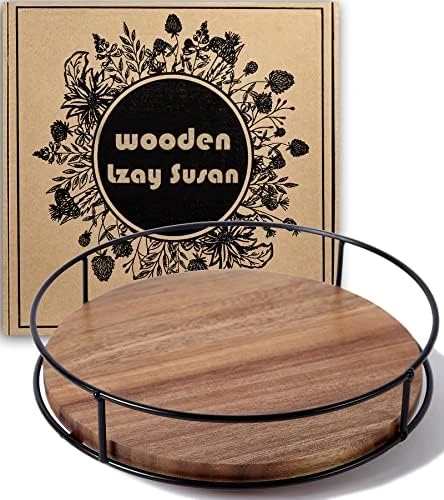 12" Acacia Wood Lazy Susan Turntable, Tomoaza Kitchen Organizer Turntable With Steel Sides, 360 Degree Turntable For Countertop Cabinet Or Dining Table(Black) 9 12" Acacia Wood Lazy Susan Turntable, Tomoaza Kitchen Organizer Turntable With Steel Sides, 360 Degree Turntable For Countertop Cabinet Or Dining Table(Black) - Image 9