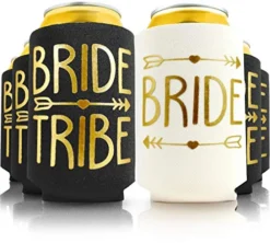6pc Set. Bride Tribe And Bride Drink Coolers For Bachelorette Party, Bridal Shower And Wedding. 4mm Thick Bottle Sleeves, Can Coolies, Beverage Insulators (6pc Set, Black & Gold)