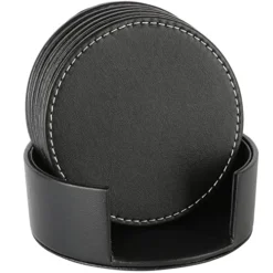 Set Of 6 Leather Drink Coasters Round Cup Mat Pad For Home And Kitchen Use Black, 3.94"