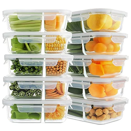 10 Pack Glass Meal Prep Containers 2 Compartment, Glass Food Storage Containers With Lids, Airtight Glass Lunch Bento Boxes, BPA-Free & Leak Proof (10 Lids & 10 Containers) - White 1 10 Pack Glass Meal Prep Containers 2 Compartment, Glass Food Storage Containers With Lids, Airtight Glass Lunch Bento Boxes, BPA-Free & Leak Proof (10 Lids & 10 Containers) - White