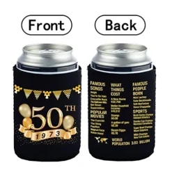 50th Birthday Can Cooler Sleeves Pack Of 12- 50th Anniversary Decorations- 1973 Sign - 50th Birthday Party Supplies - Black And Gold Fiftieth Birthday Cup Coolers
