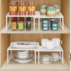 2 Pack- Simple Trending Cabinet Shelf Organizer, Kitchen Counter Shelf Rack For Pantry Organization, Expandable Stackable, White -Kitchen Island Sale 51hQCN5gGfL