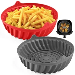 2 Pack Air Fryer Silicone Liners, 7.5 Inch Reusable Food Safe Non-stick Airfryer Basket Baking Tray Oven Accessories, Air Fryers Silicone Pot 3-5 QT Replacement Of Parchment (Gray+Red)