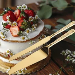 2 PCS Gold Cake Knife And Server Set, Wedding Cake Cutting Utensils, Vintage Engraved Cake Cutter And Serving Spatula For Birthday, Party, Anniversary -Kitchen Island Sale 51i2knx322L