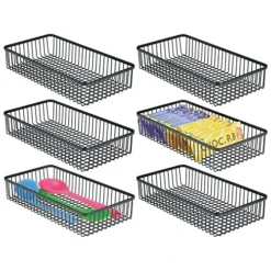 Metal Farmhouse Kitchen Cabinet Drawer Organizer Tray - Storage Basket For Cutlery, Serving Spoons, Cooking Utensils, Gadgets - 12.1" Long, 6 Pack - Black