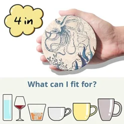 Absorbent Stone Coasters With Holder, Coasters For Drinks And Cork Baking, Octopus On World Map Novelty Design, Set Of 6