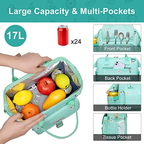 Weiatas Lunch Bag For Women Large, Insulated Leakproof Lunch Box, Reusable Wide-Open Lunch Tote Cooler Bag Lunch Purse With Shoulder Strap For Work, Beach, Picnic (Green) 2 Weiatas Lunch Bag For Women Large, Insulated Leakproof Lunch Box, Reusable Wide-Open Lunch Tote Cooler Bag Lunch Purse With Shoulder Strap For Work, Beach, Picnic (Green) - Image 2