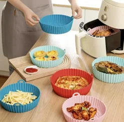 GUMMYS Air Fryer Liners, 3-Pack Silicone Air Fryer Pots With Mitts And Brush, 8 Inch Air Fryer Basket, Air Fryer Silicone Liners, Food Grade Air Fryer Accessories, Reusable Liner For Air Fryer