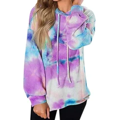 VODMXYGG Womens Pullover Long Sleeve Fashion Tie-Dye Hooded Loose Sweatshirt Drawstring Top Winter Casual Basic Tops