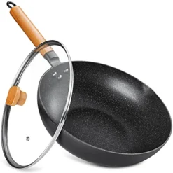 N/A Wok Stir Fry Pan With Lid, Nonstick Woks Pan 12 Inch, 100% PFOA-Free Coating, Non Stick Cooking Frying Pans With Detachable Wooden Handle, Induction Compatible, Black