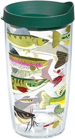 Tervis Freshwater Fish And Lures Tumbler With Wrap And Hunter Green Lid 16oz, Clear