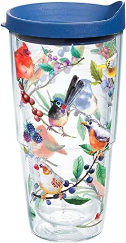 Tervis Watercolor Songbirds Made In USA Double Walled Insulated Tumbler Cup Keeps Drinks Cold & Hot, 24oz, Clear