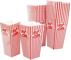 Popcorn Containers Boxes (100 Pack) - Striped White And Red Paper - For Home Movie Theater