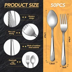 50 Pcs Forks And Spoons Silverware Set Stainless Steel Flatware Cutlery Set Heavy Duty Metal Spoons And Forks Set For Kitchen Utensil Dinner Restaurant Home, Mirror Polished, Dishwasher Safe