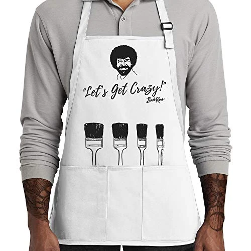 Bob Ross Apron | Perfect For Women, Men, And Kids | Features Paint Brush Pockets | White Canvas 100% Cotton Material | Great For Painting And Cooking | Unique Gift For Art Enthusiasts | Comfortable 1 Bob Ross Apron | Perfect For Women, Men, And Kids | Features Paint Brush Pockets | White Canvas 100% Cotton Material | Great For Painting And Cooking | Unique Gift For Art Enthusiasts | Comfortable