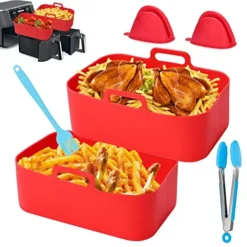 2PCS Air Fryer Silicone Pot Air Fryer Silicone Liners - Silicone Air Fryer Reusable Liners For 8 QT Ninja Foodi DZ201 DZ401, Food Safe Reusable Air Fryer Silicone Basket, Easy Cleaning Air Fryer Pan W/Oil Brush BBQ Clip Silicone Oven Mitts (Red)
