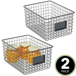MDesign Large Steel Wire Storage Organizer Bin Baskets With Label Slot - Kitchen Pantry, Bathroom, Cabinet, Cupboard, Organizing Holder For Food, Snacks, Produce - Omaha Collection - 2 Pack - Black