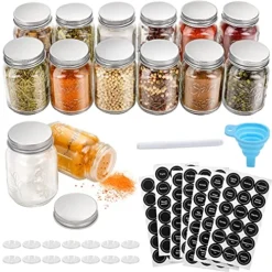 14 Pcs Glass Mason Spice Jars With Spice Labels - 4oz Empty Spice Bottles - Shaker Lids And Airtight Metal Caps - Chalk Marker And Collapsible Funnel Included- For Herbs & Spices, Jelly, DIY & Crafts