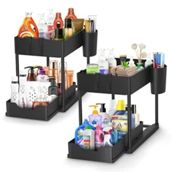 2 Pack Under Sink Organizer Botzi,2-Tier Kitchen Bathroom Sink Organizer With Hooks, Easy To Install And Durable Design For Kitchen And Bathroom Storage