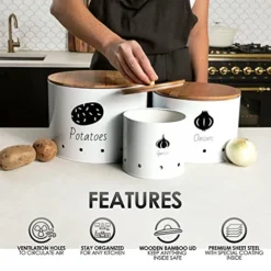 Canister Sets For The Kitchen | Potato Onion Garlic Storage, White Canisters Set Of 3 With Wooden Lids, Vegetable Fresh Keeper, Stainless Steel Containers, Long Life Shelf -Kitchen Island Sale 51nN3hYN7kL