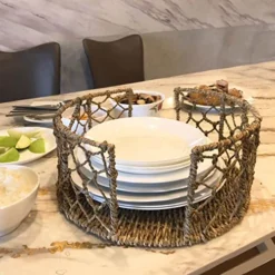 Seagrass Plate Caddy Carrier W Side Handles | Round Plate Holders For Buffets, Weddings, Parties, Dining Table - Cabinet Paper Plate Holders Reusable - By MadeTerra