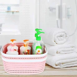 2 Pack Plastic Storage Basket Pink, Large Plastic Woven Basket With Portable Handle, Kitchen Pantry Refrigerator Desktop Storage Boxes For Cabinet Freezer Bathroom Closet, 15” X 10” X 6” -Kitchen Island Sale 51nqBwcKamL