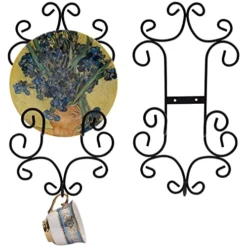 MyGift Wall Plate Display Holder, Set Of 2 - Vintage Scroll Work Style Black Metal Wall-Mounted Tea Cup And Saucer Hanging Rack, Holds Plates Up To 11 Inches