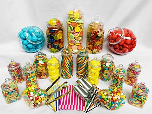 19 Retro Empty Plastic Sweet Jars, 2 Scoops, 2 Tongs And 100 Bags For Truly Sweet Candy Buffet Kit, Sweet Table (Purple Candy Stripe) 1 19 Retro Empty Plastic Sweet Jars, 2 Scoops, 2 Tongs And 100 Bags For Truly Sweet Candy Buffet Kit, Sweet Table (Purple Candy Stripe)