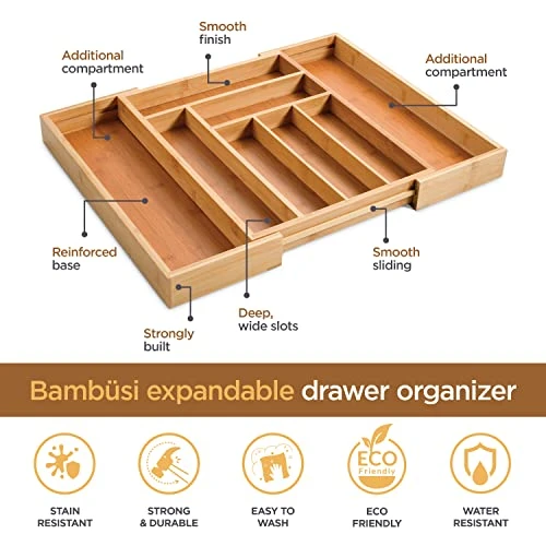 Expandable Bamboo Silverware Organizer - Kitchen Drawer Organizer, Utensil Holder - Drawer Organization And Storage In Kitchen, Bathroom Or Bedroom, 17” Long, Adjustable From 13” - 22.2” Wide, 2” Deep 3 Expandable Bamboo Silverware Organizer - Kitchen Drawer Organizer, Utensil Holder - Drawer Organization And Storage In Kitchen, Bathroom Or Bedroom, 17” Long, Adjustable From 13” - 22.2” Wide, 2” Deep - Image 3