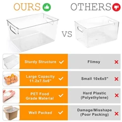 Clear Plastic Storage Bins, Pack Of 4, Fridge Storage Containers, Pantry Organizer With Handles, For Kitchen, Countertops, Cabinets Organization, BPA Free