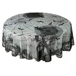 Spooky Spirits Web Lace Fabric Halloween Tablecloth, Halloween Table Cloth (Black, 70" Round)