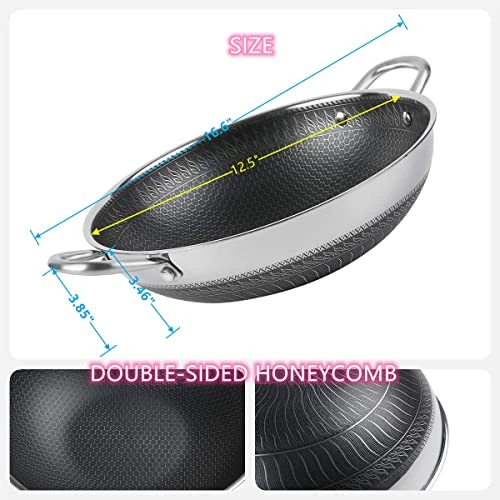 12.5” Wok Pan With Dual Honeycomb Wok Stainless Steel Wok Pan With Nonstick Coating, Frying Pans Cookware, Two Handles,Works With Induction ,Gas, Electric, Ceramic Furnace Stove, Without Lid 4 12.5” Wok Pan With Dual Honeycomb Wok Stainless Steel Wok Pan With Nonstick Coating, Frying Pans Cookware, Two Handles,Works With Induction ,Gas, Electric, Ceramic Furnace Stove, Without Lid - Image 4