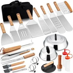 26Pcs Griddle Accessories Kit, Joyfair Flattop Grill Accessory Tools Set For Outdoor Camping BBQ, Include Melting Domes, Stainless Steel Spatula, Scraper, Cast Iron Burger Press, Storage Bag