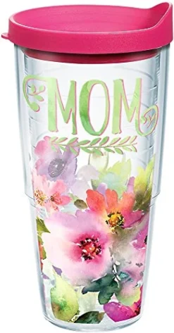 Tervis Mom - Watercolor Floral Tumbler With Wrap And Fuchsia Lid 24oz, Clear