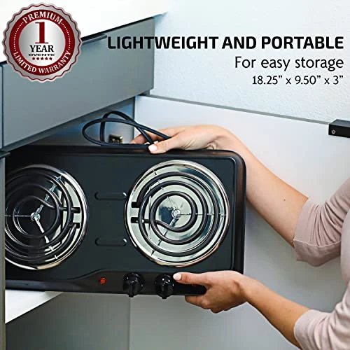 Vente Electric Double Coil Burner 6 & 5.75 Inch Hot Plate Cooktop With Temperature Control And Easy To Clean Stainless Steel Base, 1700W Portable Countertop Stove For Home Or Dorm, Black BGC102B 3 Vente Electric Double Coil Burner 6 & 5.75 Inch Hot Plate Cooktop With Temperature Control And Easy To Clean Stainless Steel Base, 1700W Portable Countertop Stove For Home Or Dorm, Black BGC102B - Image 3