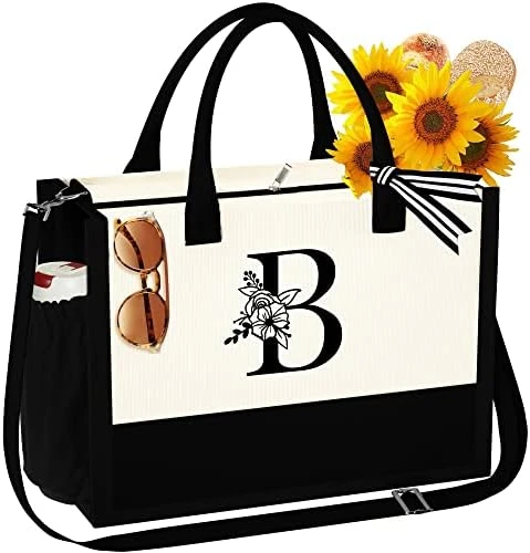 YOOLIFE Initial Canvas Beach Tote Bag With Zipper Pockets Adjustable Strap Tote Bag Mothers Day Birthday Gifts For Women Her 7 YOOLIFE Initial Canvas Beach Tote Bag With Zipper Pockets Adjustable Strap Tote Bag Mothers Day Birthday Gifts For Women Her - Image 7