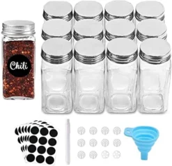 OYALHOUSE 12 Pcs Glass Spice Jars/Bottles - 4oz Empty Square Spice Containers With Spice Labels And Airtight Metal Caps With Shaker Lids -Kitchen Island Sale 51rPtI Pn9L. AC