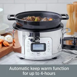Electrics Stainless Steel And Cast Iron Slow Cooker 5 Quart 7-in-1 Slow Cook High/Low, Braise, Sauté, Simmer, Manual, Keep Warm 1200 Watts Stove And Oven Safe Black Enamel Crock Insert -Kitchen Island Sale 51rXacPx5PL