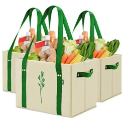 Green Bulldog Reusable Grocery Bags - Heavy Duty, Foldable, Space Saving Tote Shopping Bags - Box Bag W/ Straps And Handles (Set Of 3) - Taupe