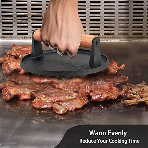 Cast Iron Burger Press, 7 Inch Round Heavy Duty Bacon Meat Steak Grill Press With Wooden Handle, Heat Proof, Rust Resistance, Griddle Accessorie Burger Smasher For BBQ Flat Top Teppanyaki 3 Cast Iron Burger Press, 7 Inch Round Heavy Duty Bacon Meat Steak Grill Press With Wooden Handle, Heat Proof, Rust Resistance, Griddle Accessorie Burger Smasher For BBQ Flat Top Teppanyaki - Image 3