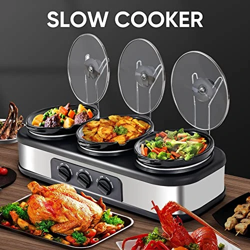 Triple Slow Cooker - Effortlessly Cook And Serve Multiple Meals At Once, 3 Nylon Spoons , Adjustable Temp, Entrees, Sauces, Stews & Dips, Dishwasher Safe Glass Lid & Crock Ceramic Pot, 1.5 Quart 3 Crock Cooker Pot, Stainless Steel 6 Triple Slow Cooker - Effortlessly Cook And Serve Multiple Meals At Once, 3 Nylon Spoons , Adjustable Temp, Entrees, Sauces, Stews & Dips, Dishwasher Safe Glass Lid & Crock Ceramic Pot, 1.5 Quart 3 Crock Cooker Pot, Stainless Steel - Image 6