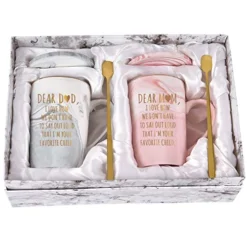 Favorite Child Mugs Dear Mom Dad Mug Set Best Gift From Daughter Son Thanksgiving Birthday Marble Cups With Gift Box Spoon Coaster 14 Oz(Pink/Gray)