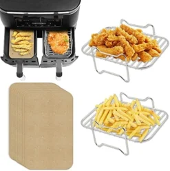 Air Fryer Rack & Skewer Stand & Parchment Paper For Ninja Foodi Air Fryer DZ201, DZ401 - Stainless Steel Toast Dehydrator Rack Barbecue Skewers Set With Reusable Liner For Ninja Foodi Dual Basket -Kitchen Island Sale 51tfkT3VrvL. AC