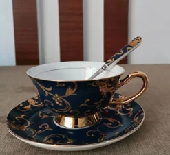 Euro Style Bone China Cup& Saucer Set, Ceramic Tea Coffee Cup For Home Kitchen Wedding (Retro Flower Pattern- Dark Blue) -Kitchen Island Sale 51tsIHimnLL