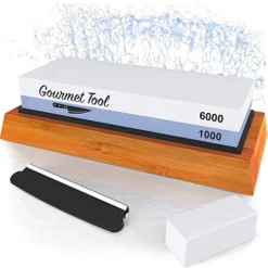 Whetstone Knife Sharpener By Gourmet Tool - 1000/6000 Knife Sharpening Stone - Waterstone Grit With Non-Slip Bamboo Base Flattening Stone And Angle Guide - Best Wet Stone Kitchen Knives Gift Ideas