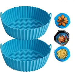 2-Pack 8.5inch Air Fryer Silicone Liner Silicone Air Fryer Basket Heat Resistant, Reusable Air Fryers Silicone Pot Round For 5QT - Air Fryer Oven Accessories (Blue) (8.5inch (5 QT Or Bigger))